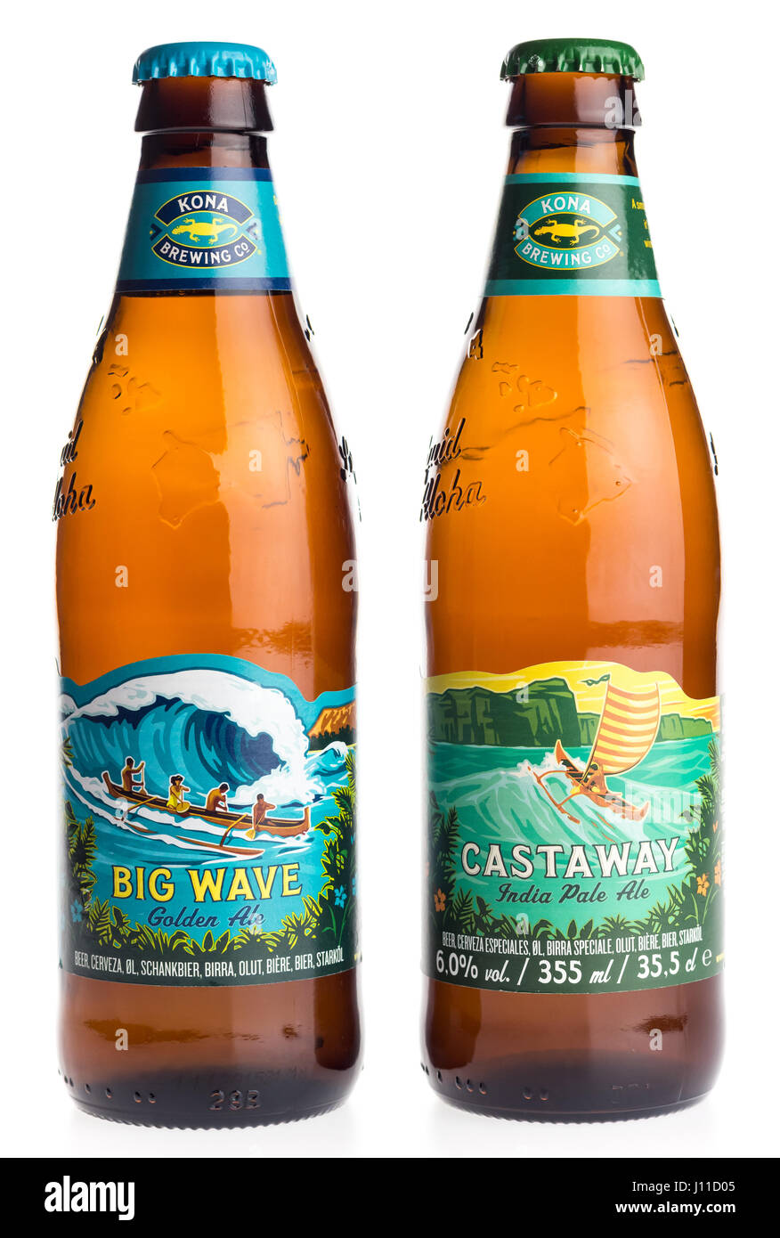Bottles of American Hawaiian Kona beer isolated on a white background Stock Photo