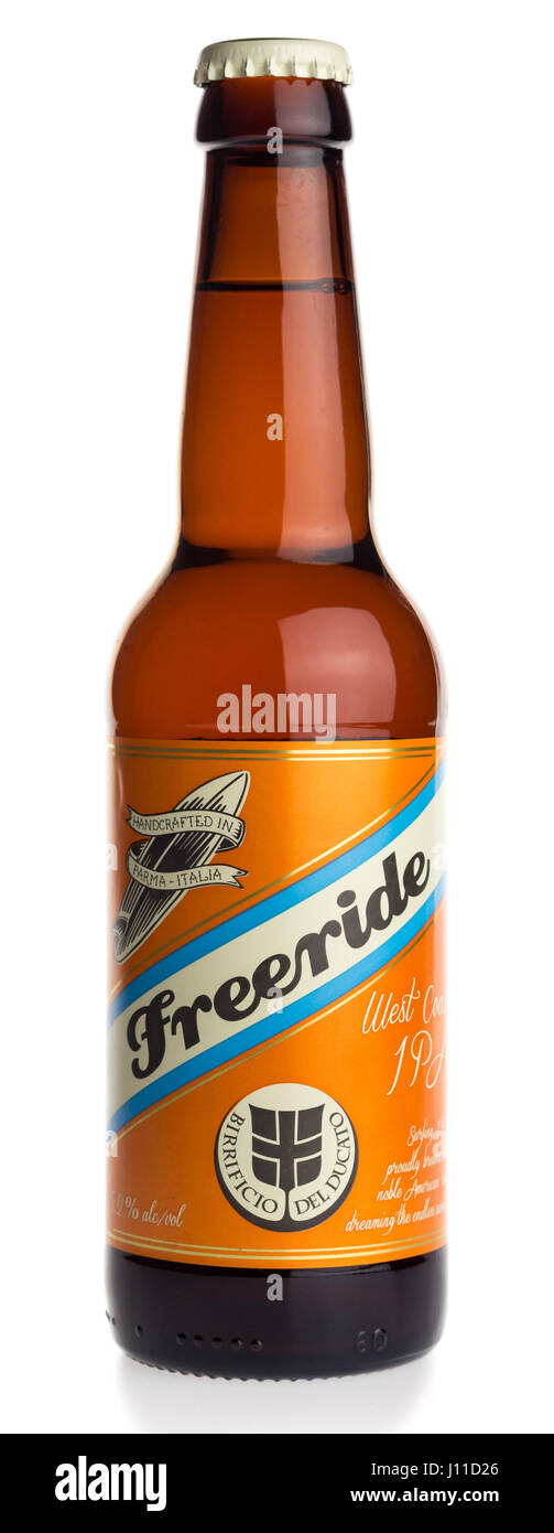Bottle of Italian Freeride IPA craft beer isolated on a white background Stock Photo