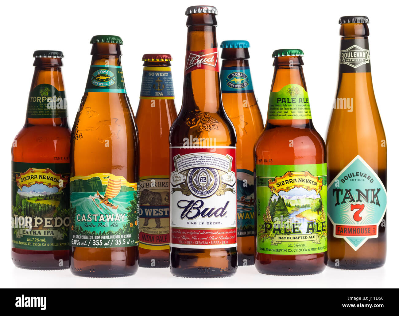 Collection of American Sierra Nevada, Anchor, Budweiser, Kona and Boulevard beers isolated on a white background Stock Photo