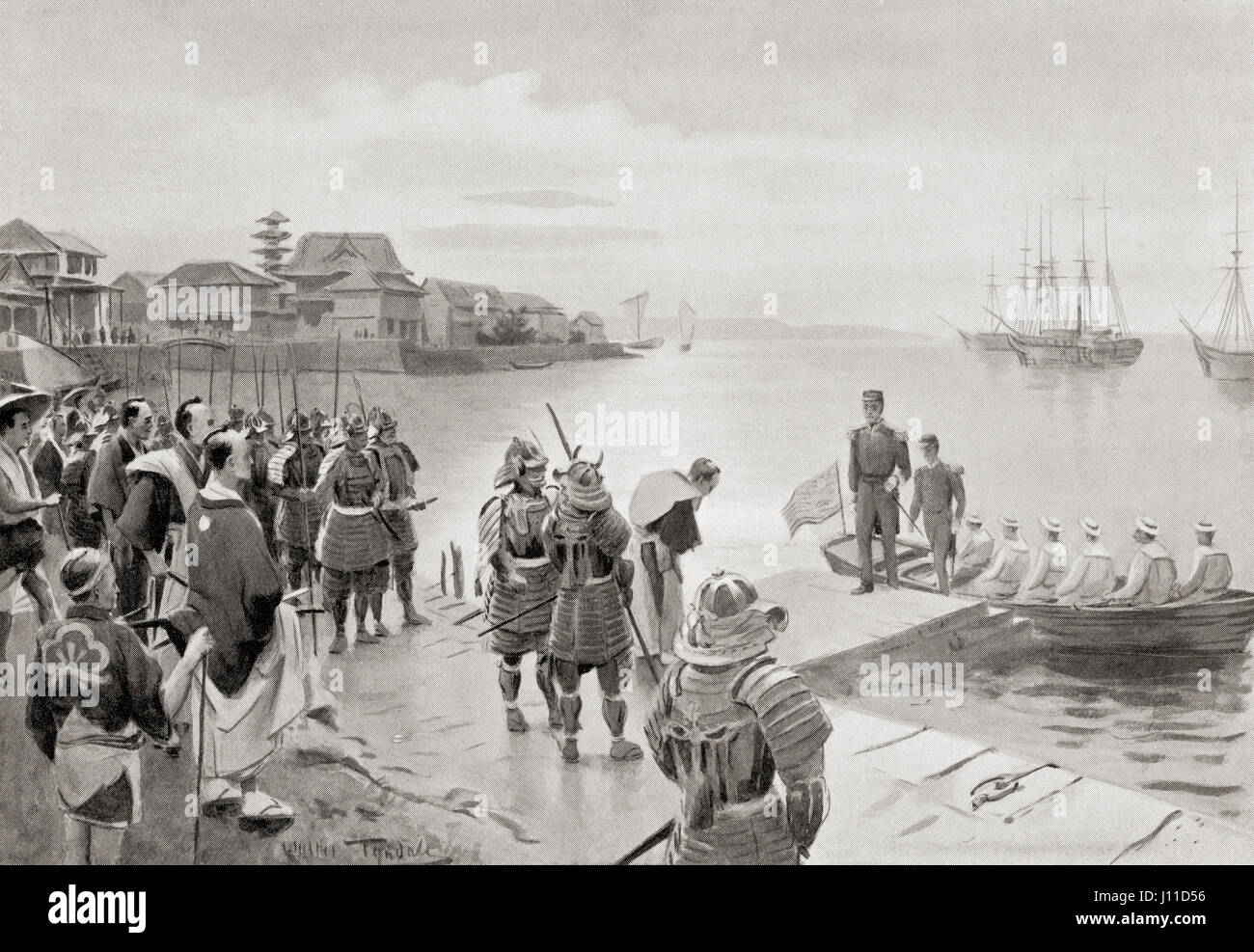 The landing of Admiral Perry in Tokio Harbour, Japan, July 8th, 1853.  Matthew Calbraith Perry, 1794 – 1858.  Commodore of the United States Navy who played a leading role in the opening of Japan to the West with the Convention of Kanagawa in 1854.  From Hutchinson's History of the Nations, published 1915 Stock Photo