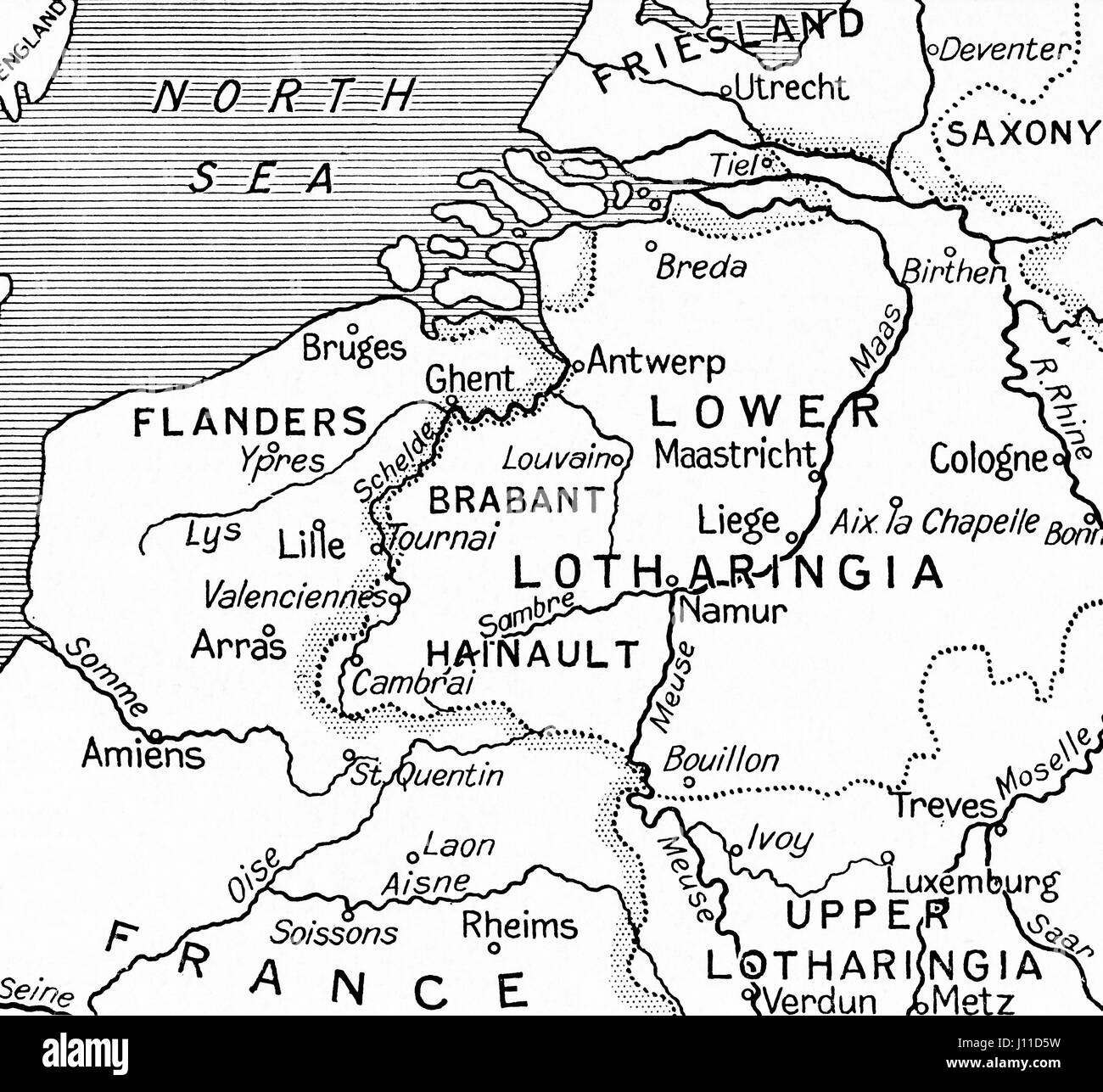 Map of Belgium, which from 843 to 869 formed part of the domains of the Duke of Lotharingia or Lorraine.  From Hutchinson's History of the Nations, published 1915 Stock Photo