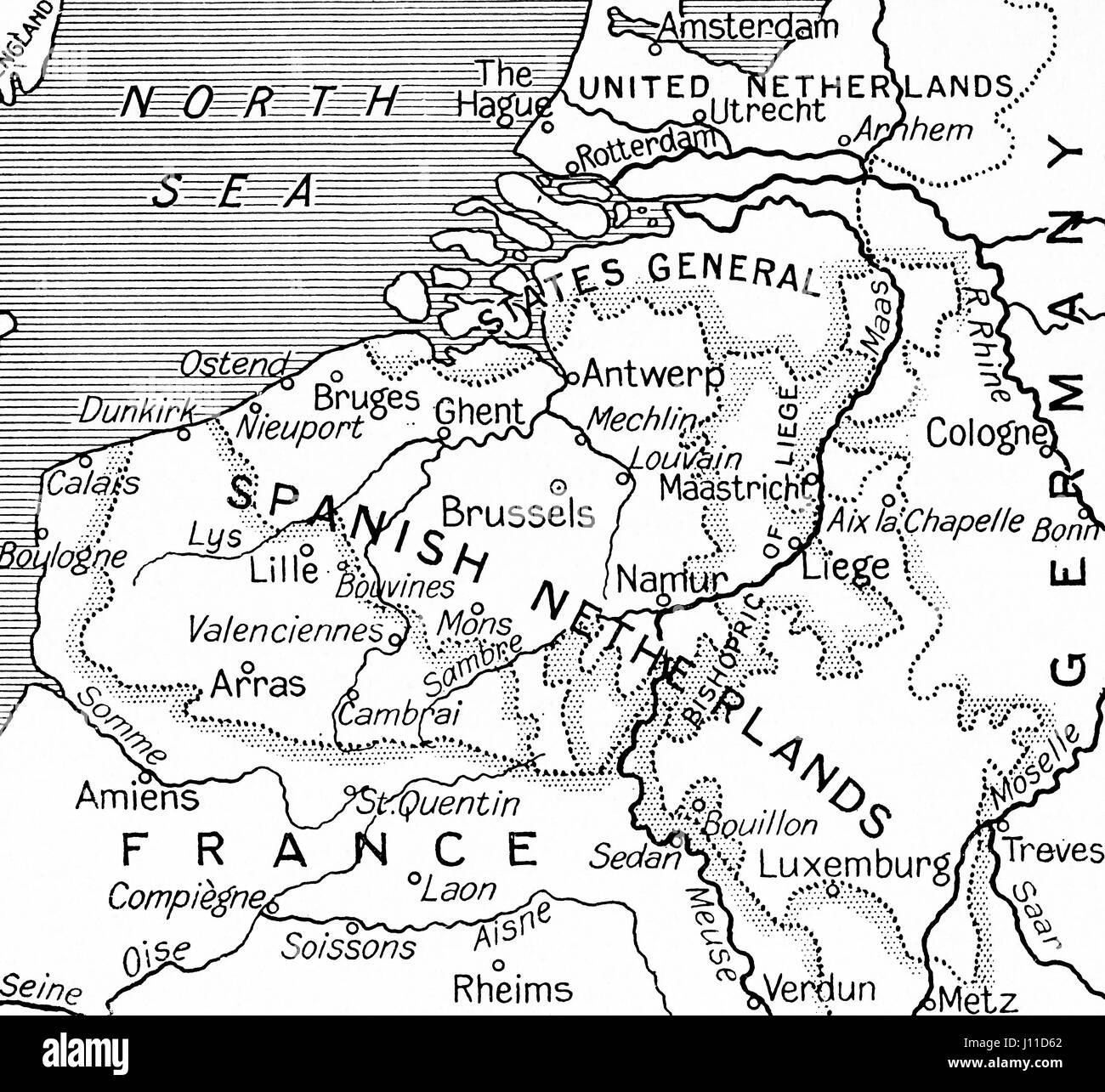 Map of the Spanish Netherlands following the peace treaty of Utrecht in 1713, the Spanish Netherlands passed to the Hapsburg claimant, the Emperor Charles VI.  From Hutchinson's History of the Nations, published 1915 Stock Photo