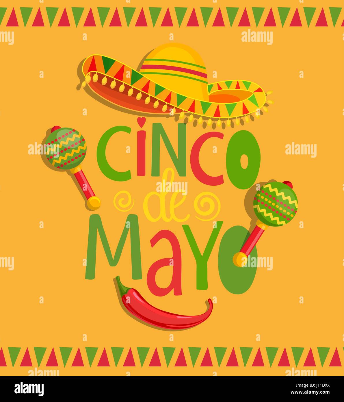 Hand drawn lettering - Cinco De Mayo, poster, banner, greeting card with sombrero, maracas and chili, for announcement, invitation, party. Stock Vector