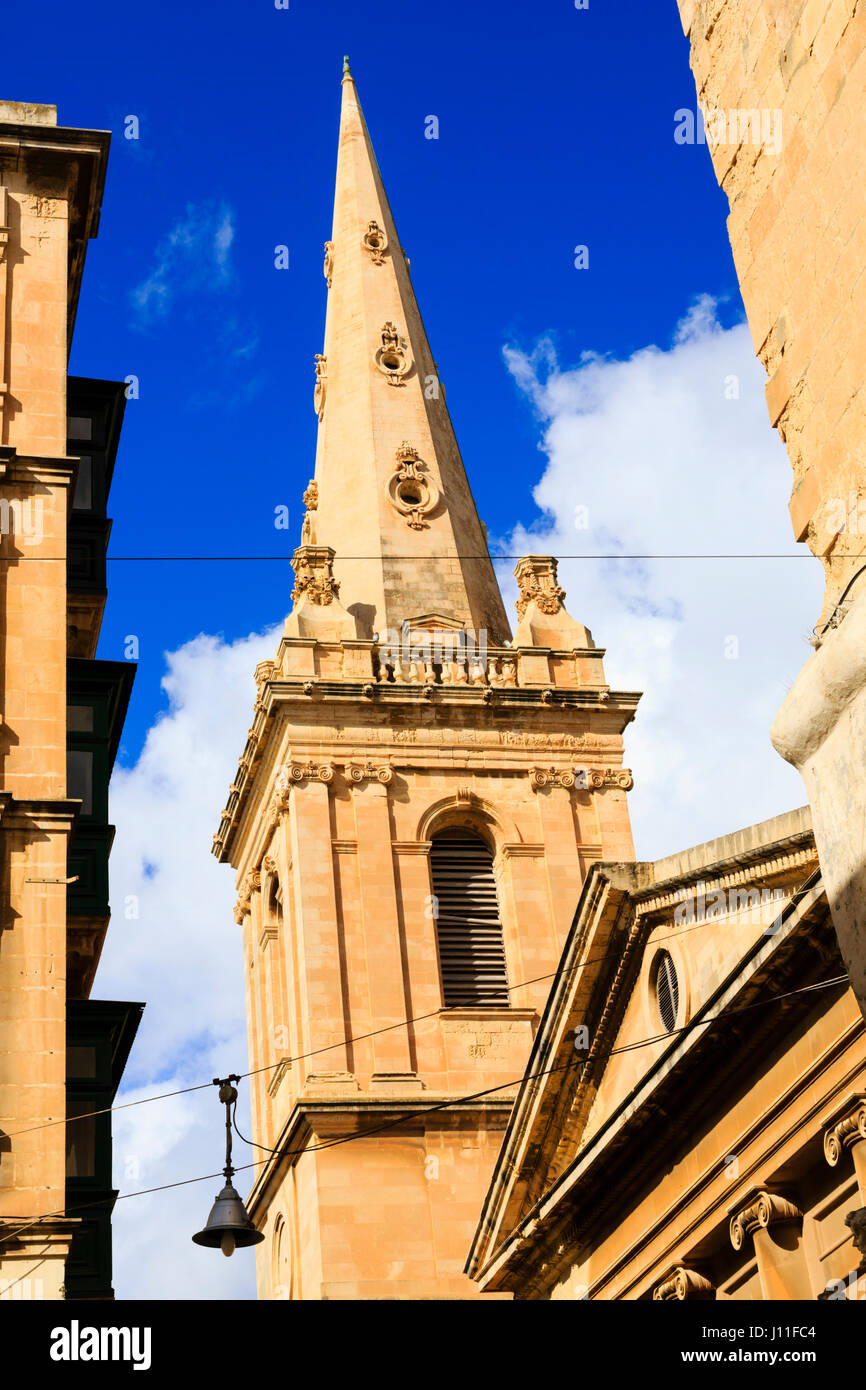 The spire of St Pauls Co-Cathedral, Floriana, Valletta, Malta Stock Photo