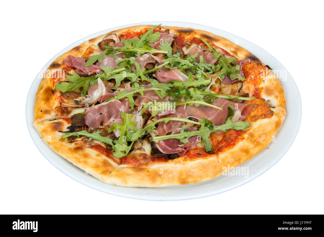 Pizza on a white background with tomato sauce, bacon and mushrooms. Stock Photo