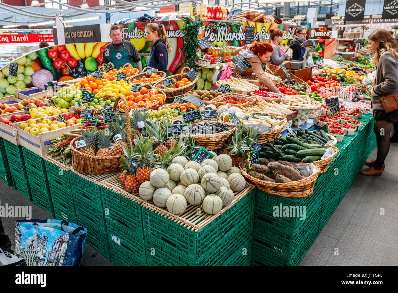 Stand with colorful fruits and vegetables at the Wazemmes Market. It is one of Lilles largest markets. Lille, France. Stock Photo