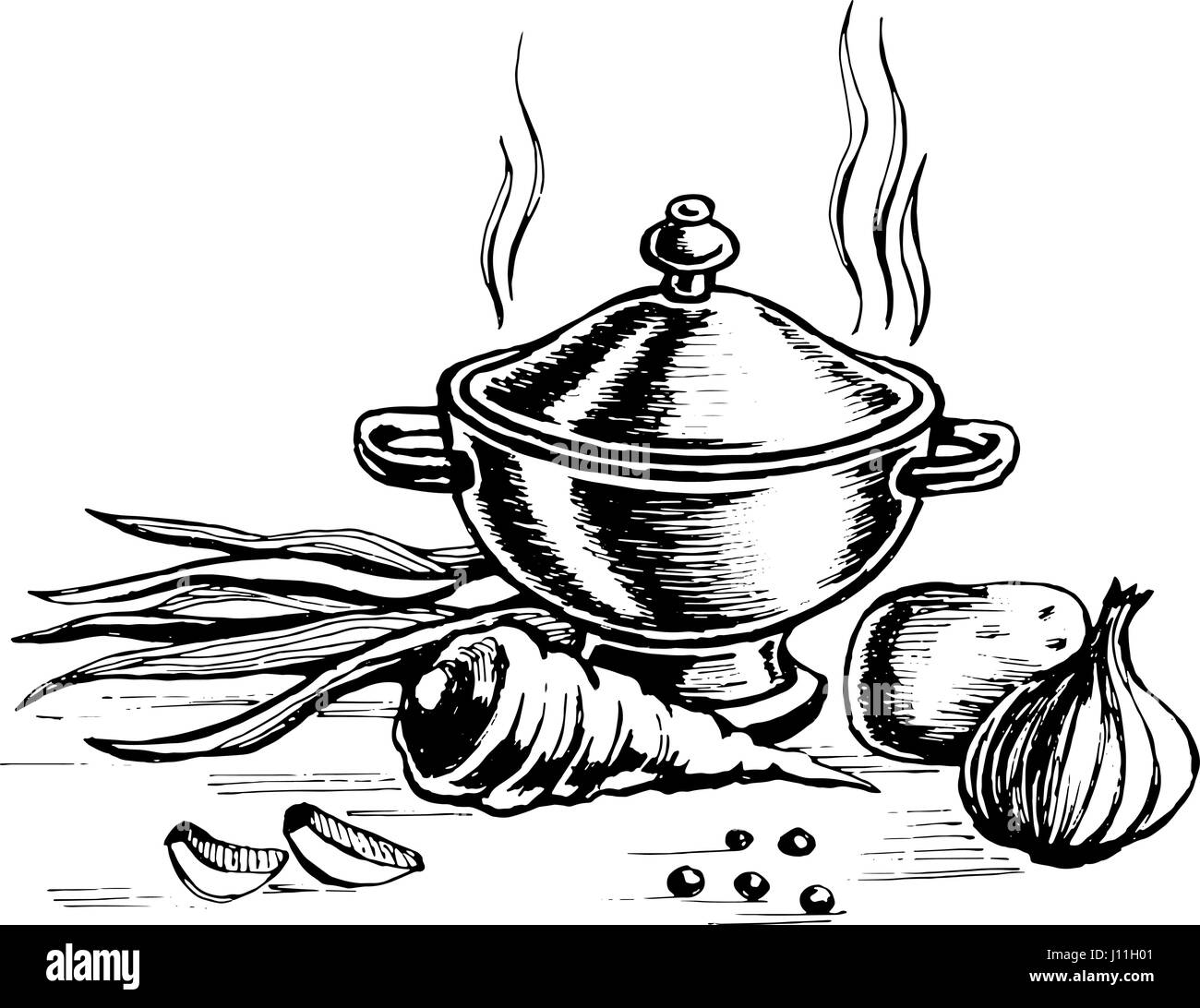 Tureen and for cooking vegetables. Stock Vector