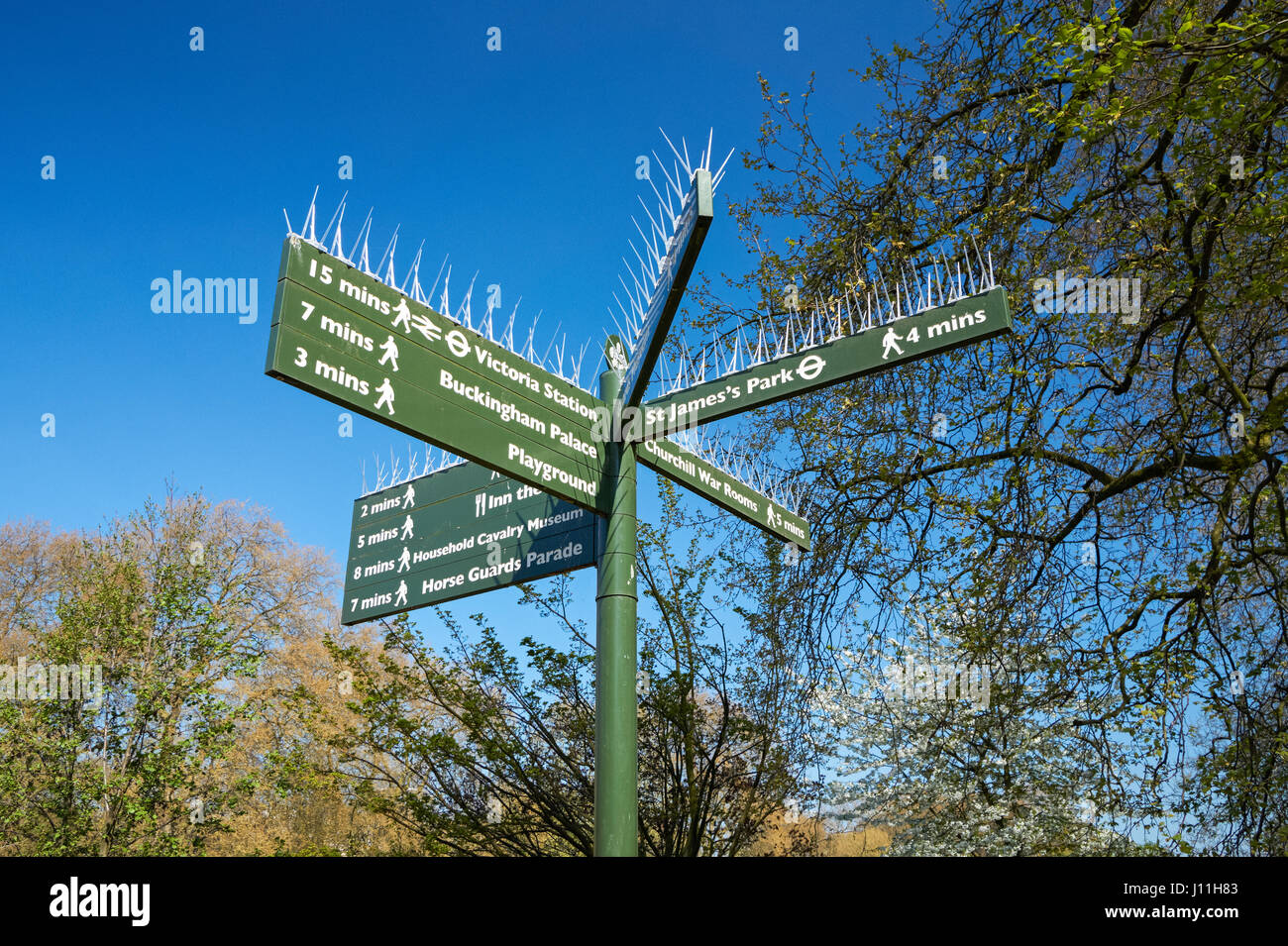 Signpost in St. James's Park with anti-bird spikes, London England United Kingdom UK Stock Photo