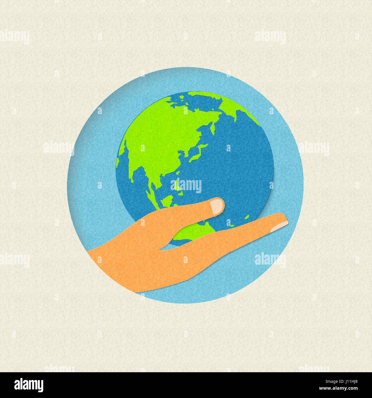 Earth day concept illustration for world environment care. Paper cut human hand holding planet. EPS10 vector. Stock Vector