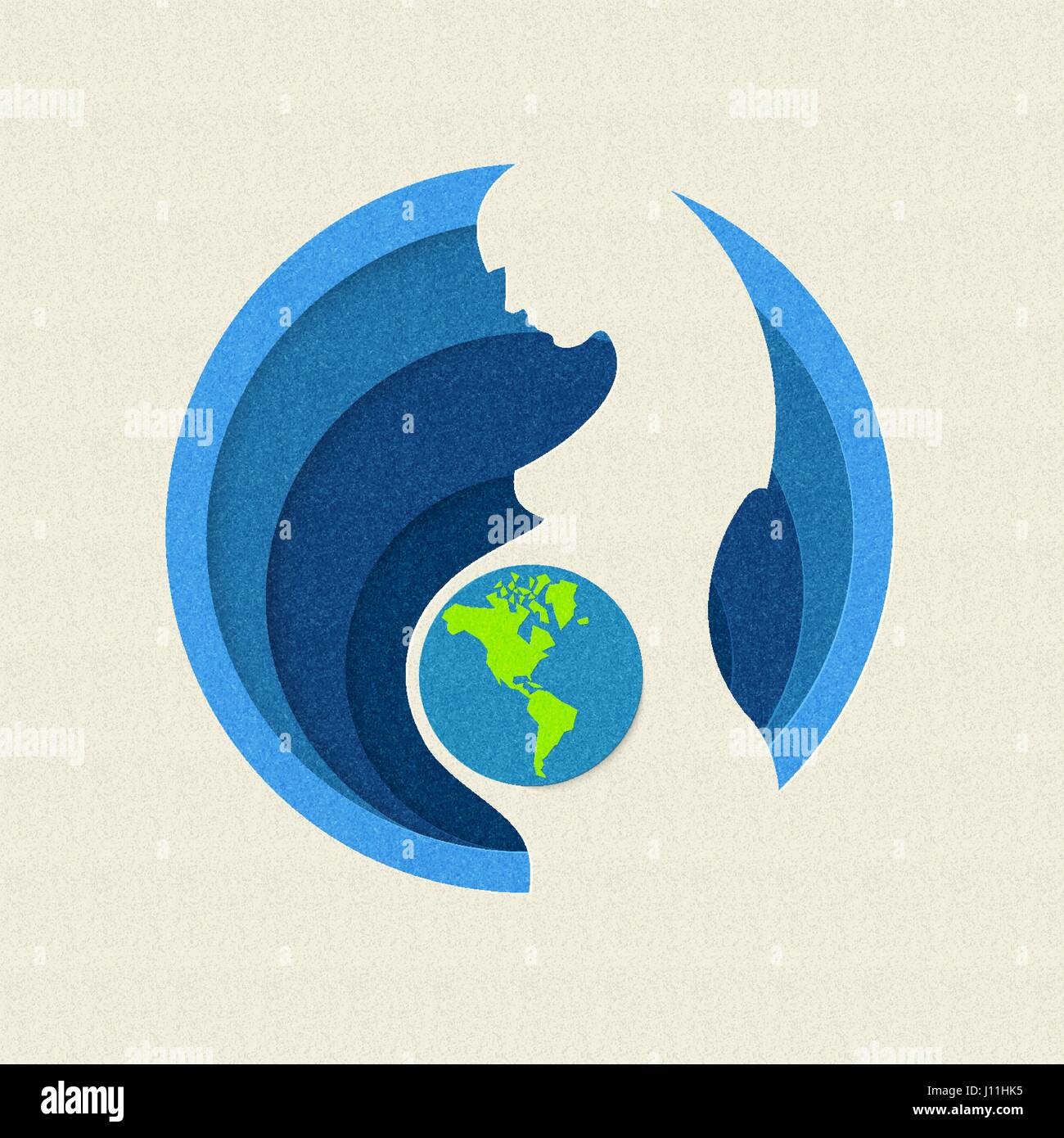 Earth day paper cut out illustration of pregnant woman silhouette with planet. Mother nature care concept. EPS10 vector. Stock Vector