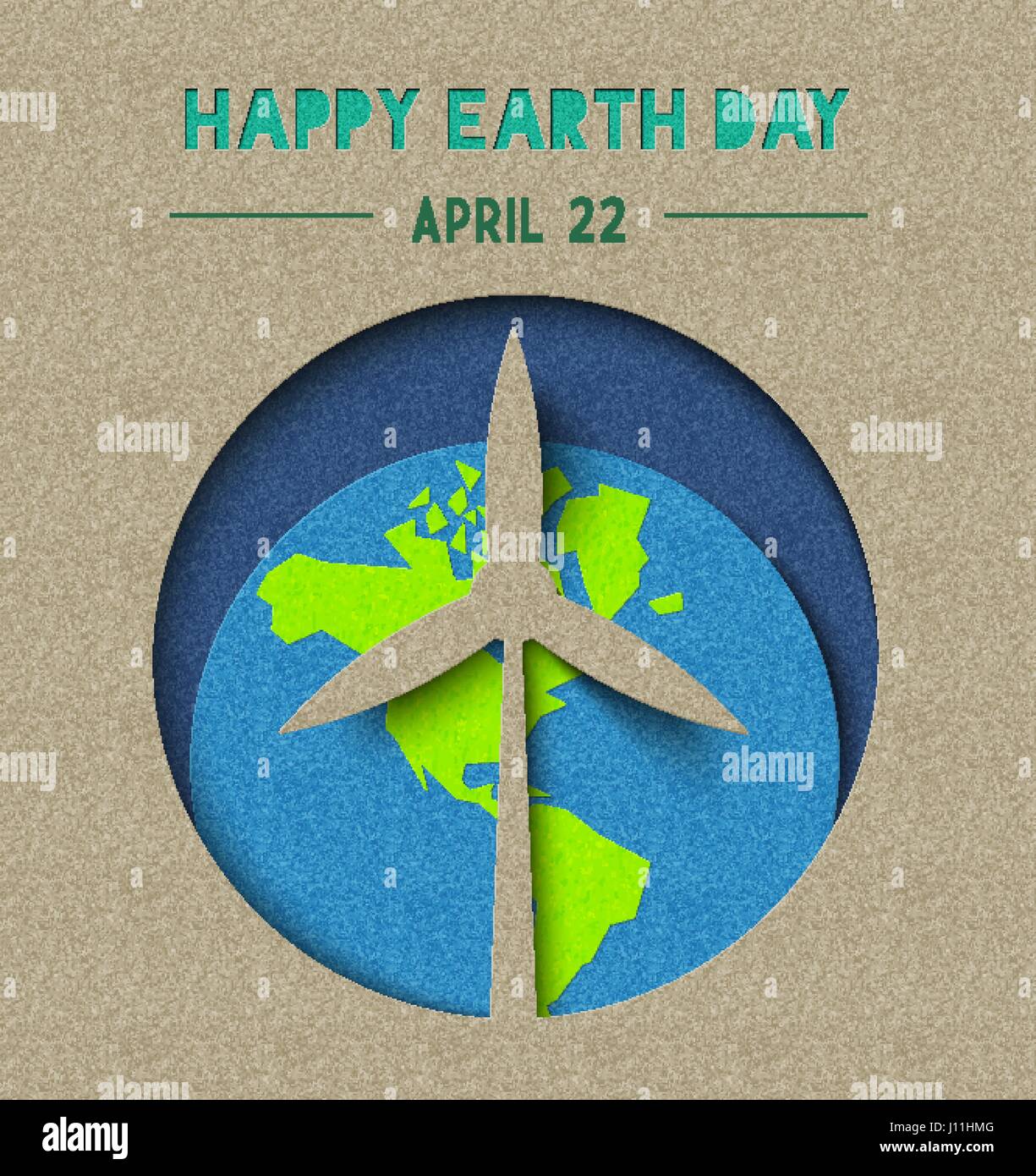 Earth day paper cut illustration of green wind mill energy and planet with typography quote for environment care. EPS10 vector. Stock Vector