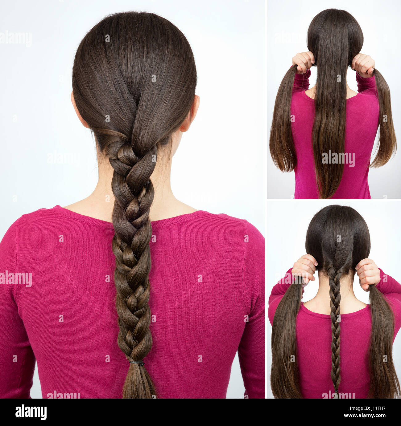 Hair tutorial. Hairstyle one simple braid tutorial step by step. Backstage  technique of weaving plait Stock Photo - Alamy