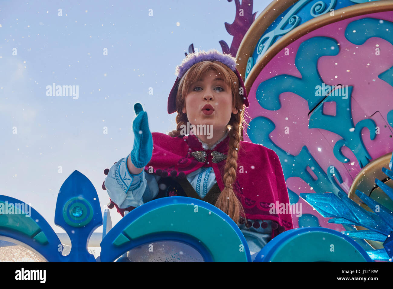 Princess Anna of Arendelle on a parade float at the 25th Anniversary of Disneyland Paris Stock Photo