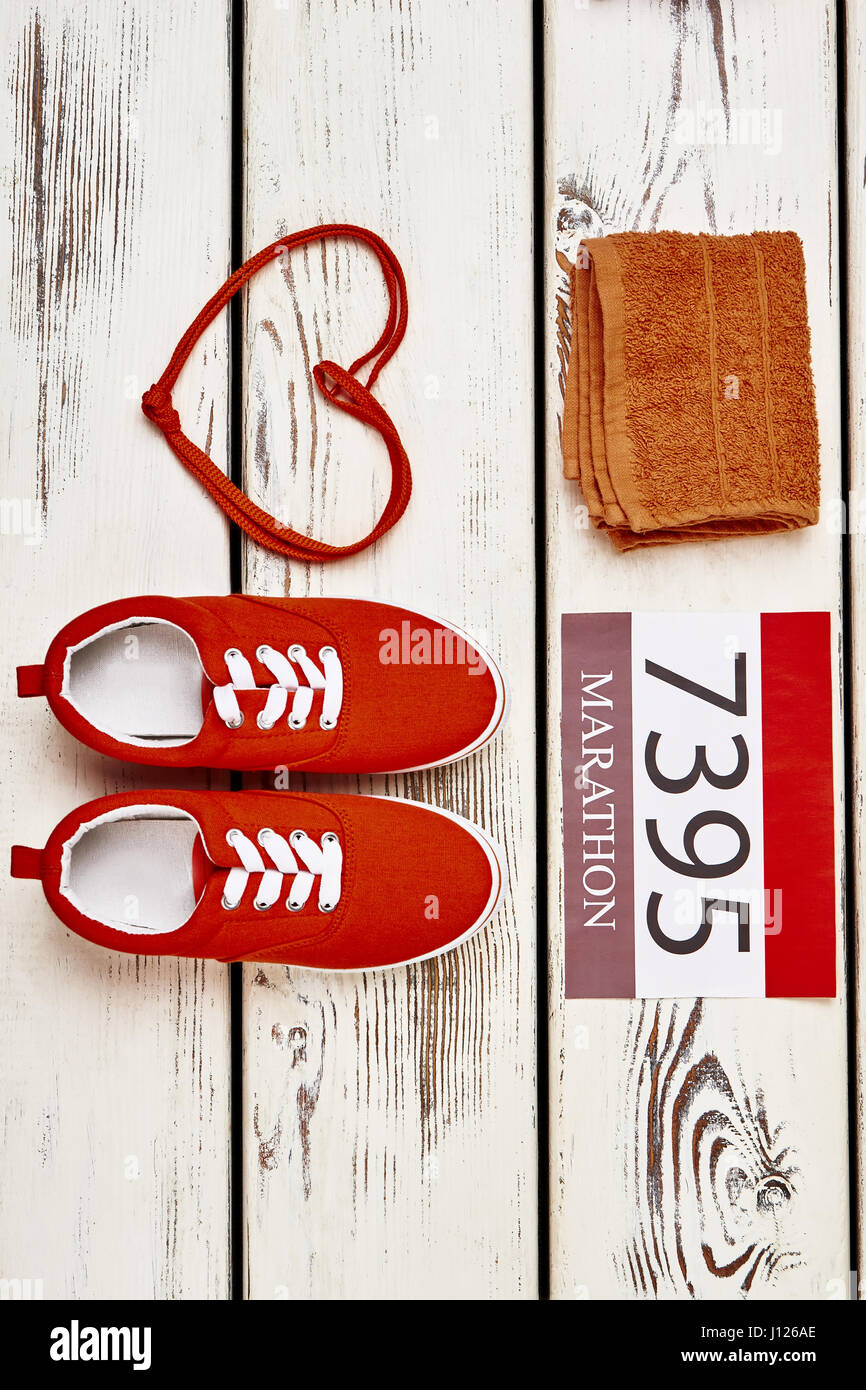 Towel, number, keds and shoelaces Stock Photo Alamy