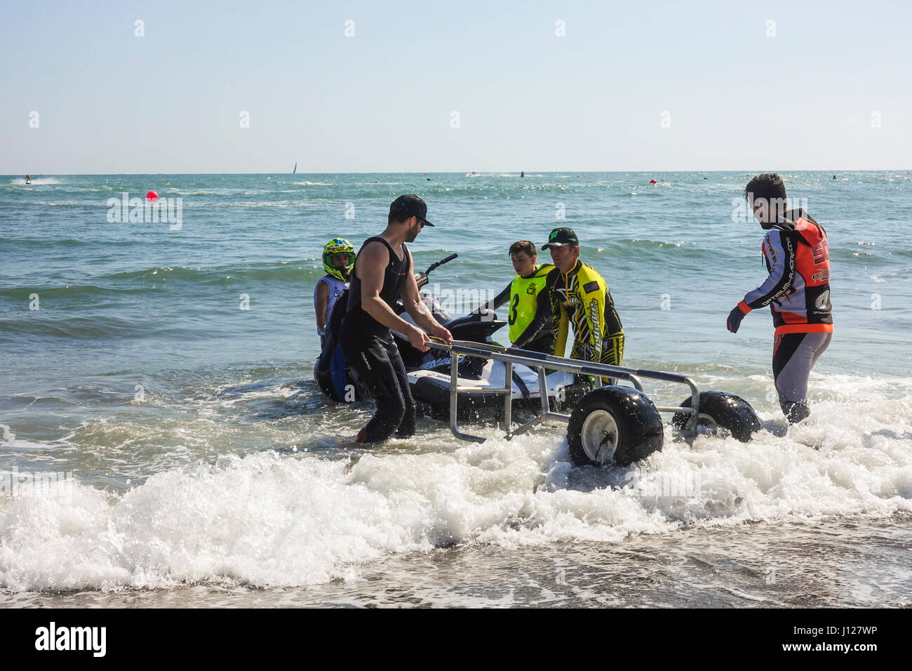 Jet skis pulled out of water on beach at Spanish Championship 2017, Jet