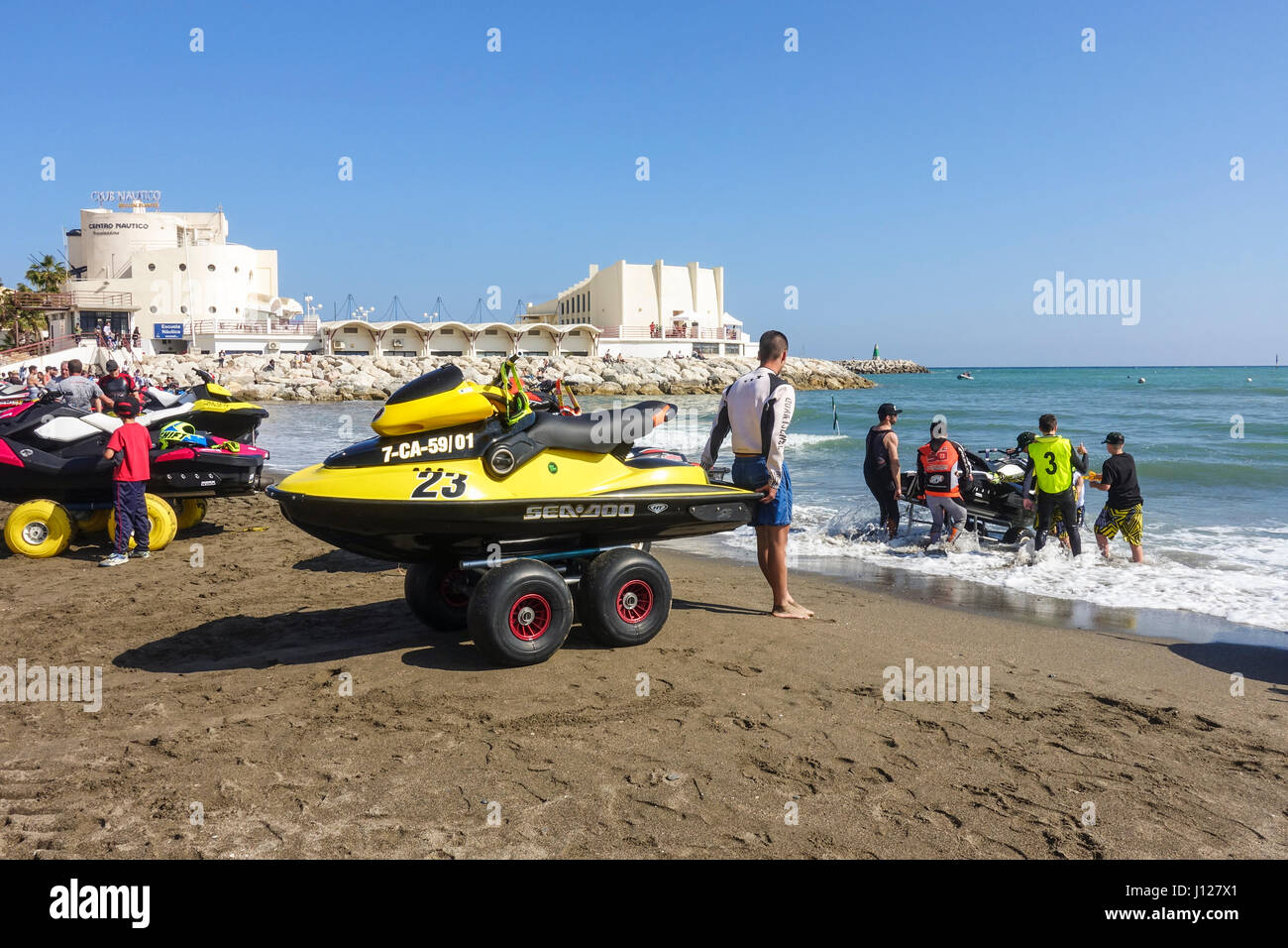 Jet skis pulled out of water on beach at Spanish Championship 2017, Jet ski, jetski, Benalmadena