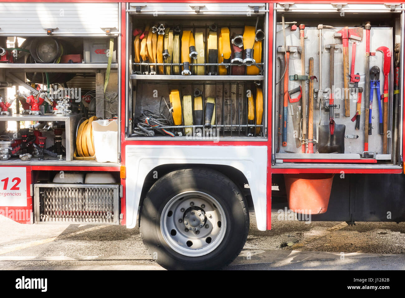 Fireman equipment, hand tools in fire truck equipment, fire engine