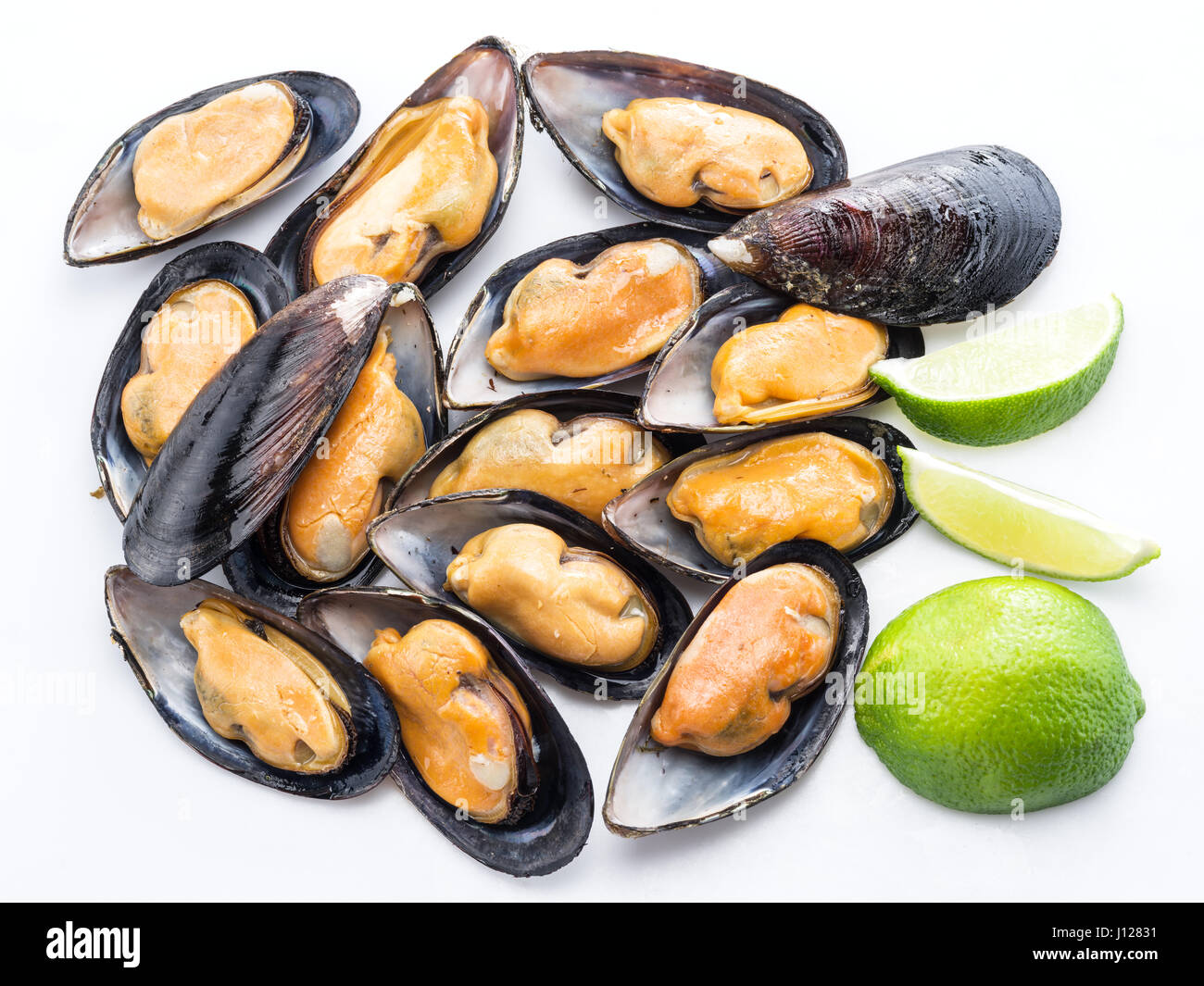 Boiled mussels on a white background. Stock Photo