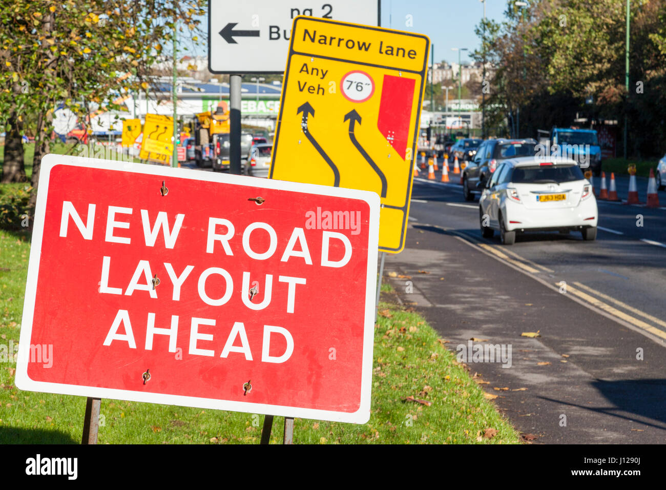 New road layout ahead sign and other roadworks signs in Nottingham, England, UK Stock Photo