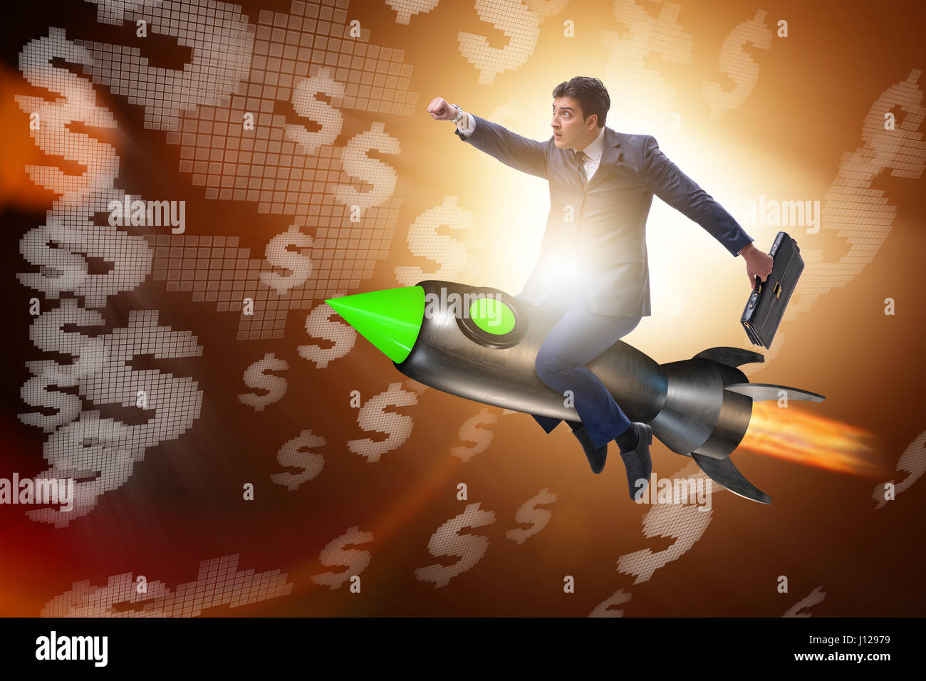 Male businessman flying on rocket in business concept Stock Photo - Alamy