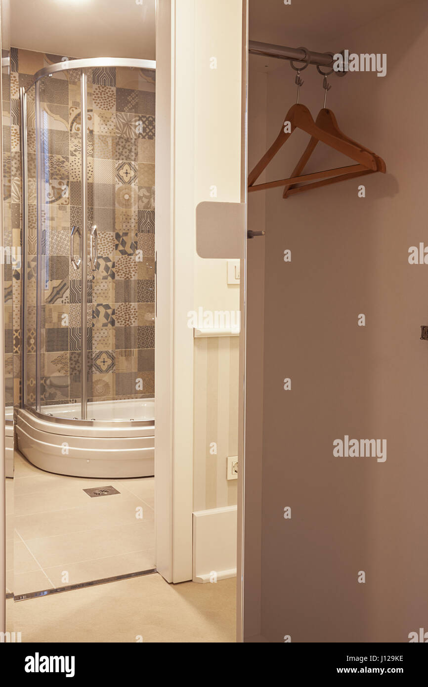 Interior of a small hotel bathroom, modern design. Stock Photo