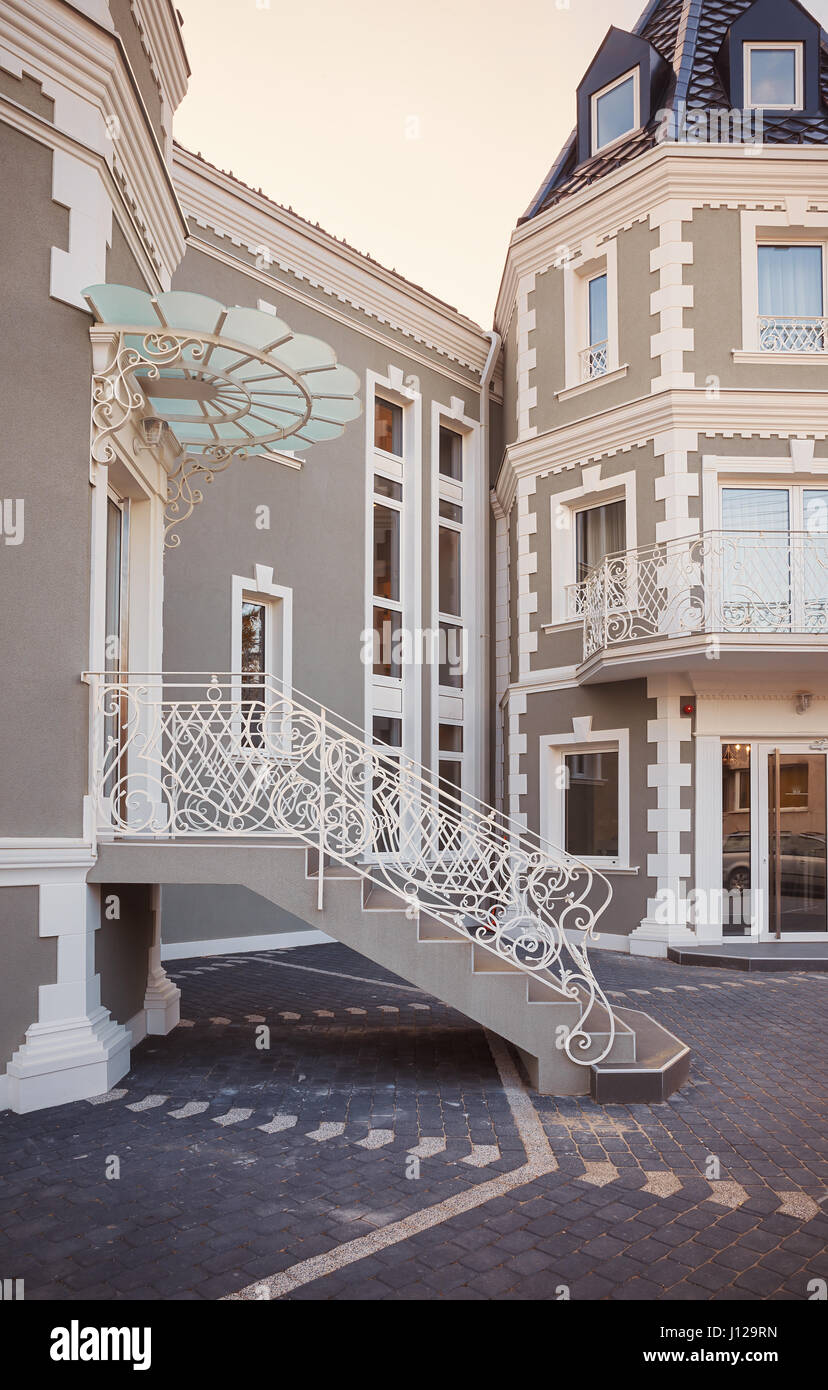 Exterior of a modern and new hotel, during day. Stock Photo