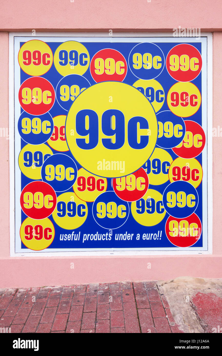 99 cents logo, everything under 1 euro sign. shop billboard everything under one euro Stock Photo