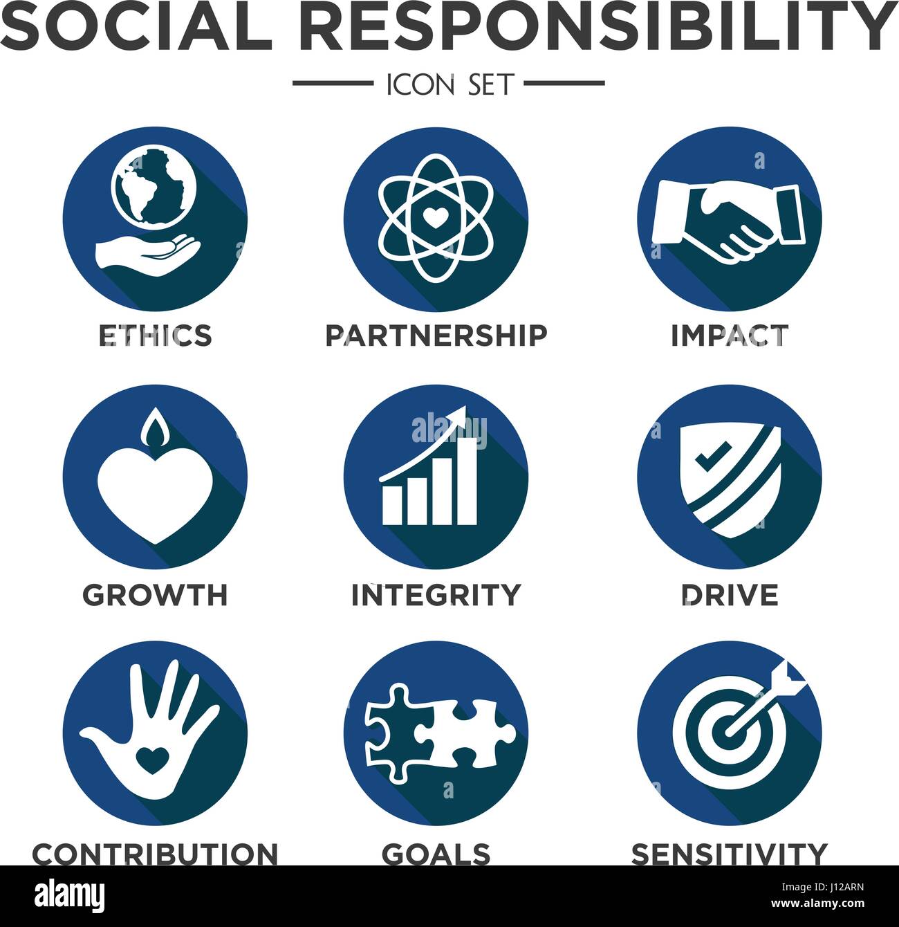 Social Responsibility Solid Icon Set with Impact, Ethics, Partnership, drive, etc Stock Vector