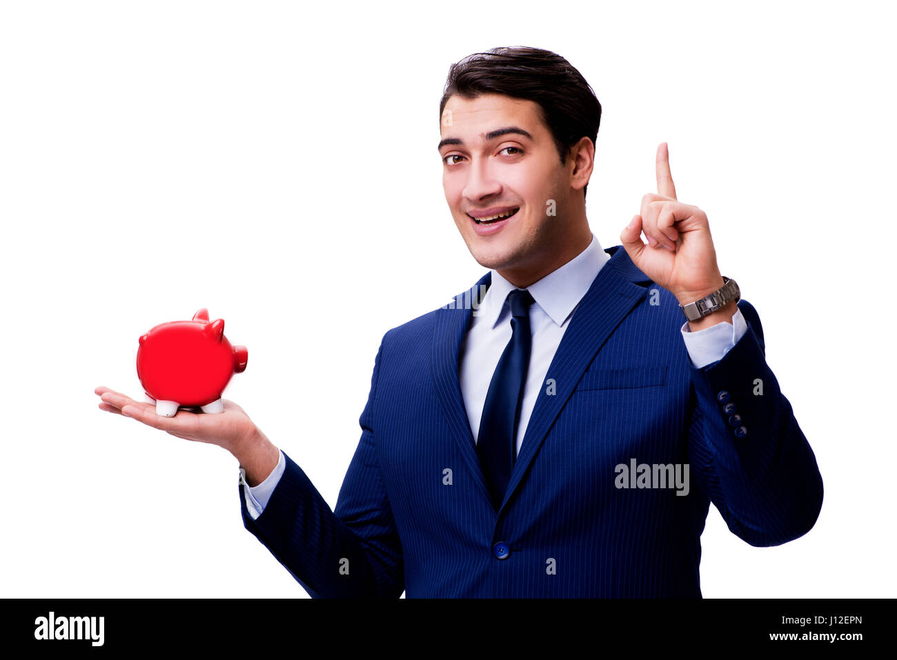 Handsome man with piggybank isolated on white Stock Photo - Alamy