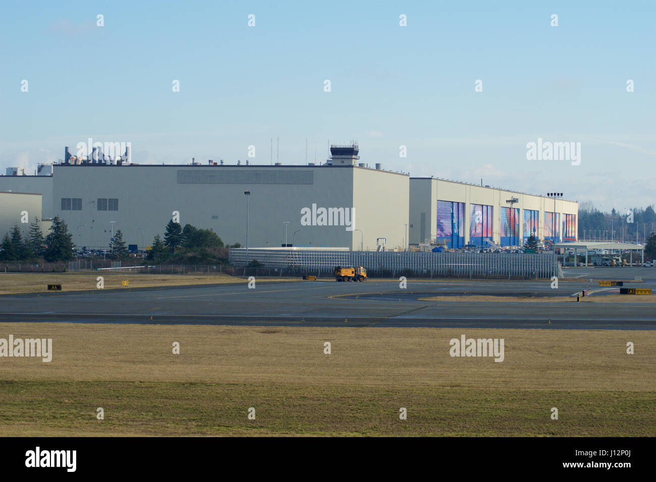 EVERETT, WASHINGTON, USA - JAN 26th, 2017: Boeing's New Livery Displayed on Hangar Doors of Everett Boeing Assembly Plant at Snohomish County Airport or Paine Field Stock Photo