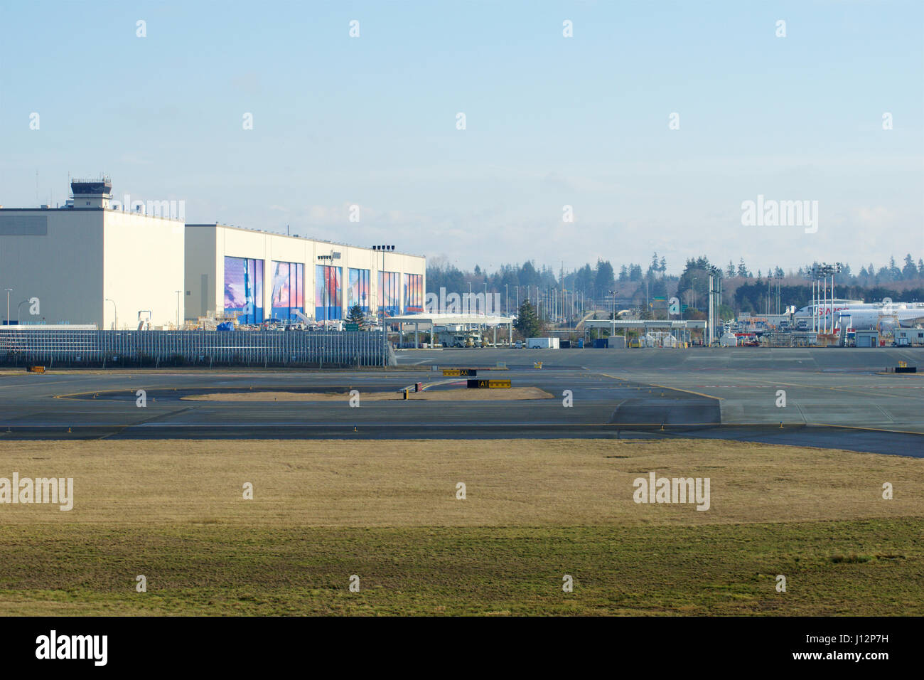 EVERETT, WASHINGTON, USA - JAN 26th, 2017: Boeing's New Livery Displayed on Hangar Doors of Everett Boeing Assembly Plant at Snohomish County Airport or Paine Field Stock Photo