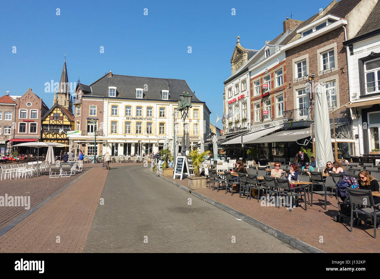 Sittard markt, terraces, bar, bars, quare, historic centre of town Limburg province, Holland, Netherlands Stock Photo