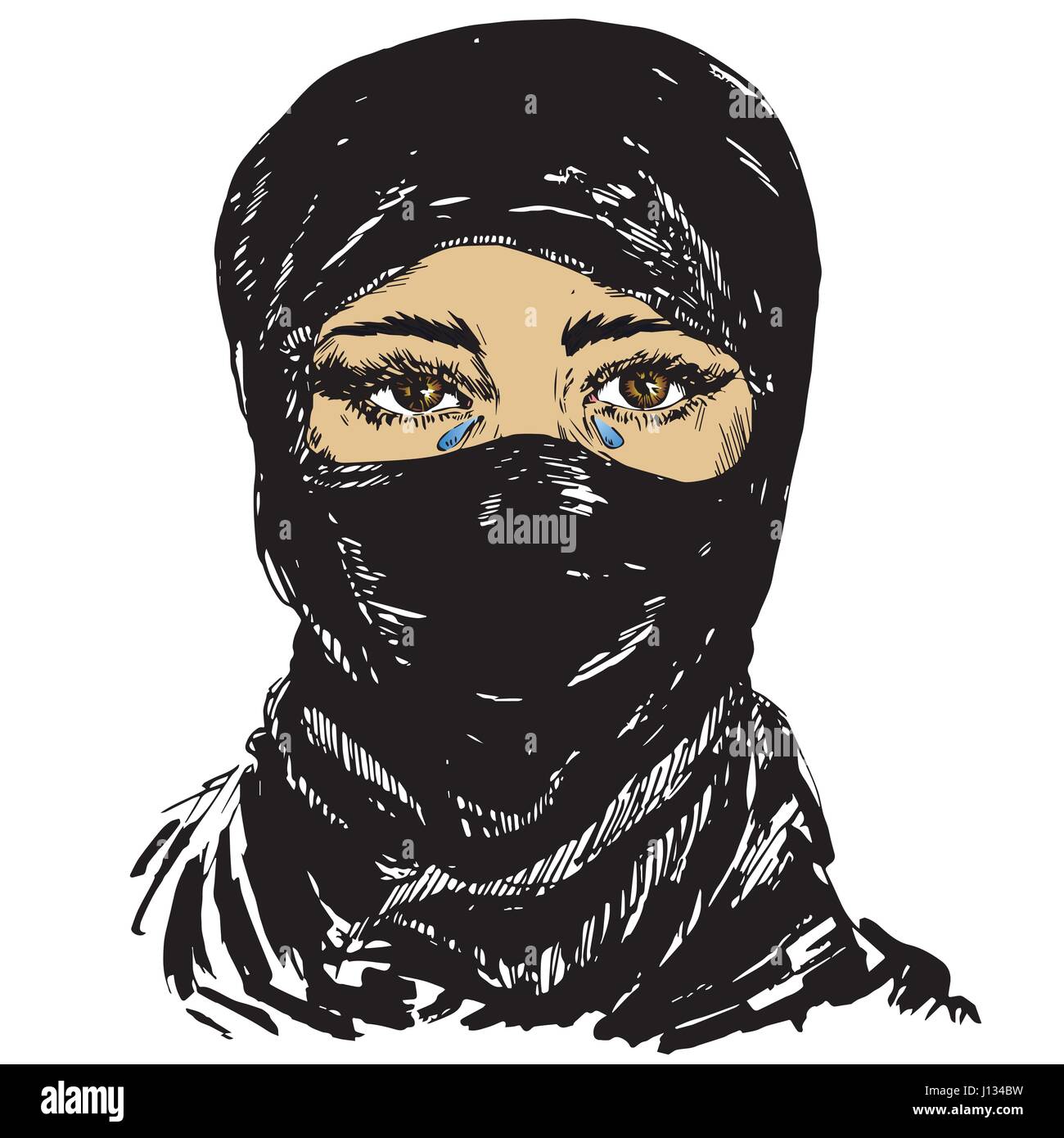 The Beautiful Brown Eyed Muslim Girl Crying Face Hidden In A