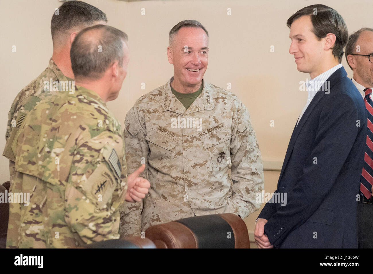 Marine Corps Gen. Joseph F. Dunford Jr., chairman of the Joint Chiefs of Staff, Jared Kushner, Senior Advisor to President Donald J. Trump,Tom Bossert, the president’s homeland security advisor, and Douglas A. Silliman, U.S. Ambassador to the Republic of Iraq, meet with Lt. Gen. Stephen J. Townsend, commander, Combined Joint Task Force – Operation Inherent Resolve, at CJTOFOIR headquarters at Union III in Baghdad, Iraq, April 4, 2017. DoD Photo by Navy Petty Officer 2nd Class Dominique A. Pineiro Stock Photo