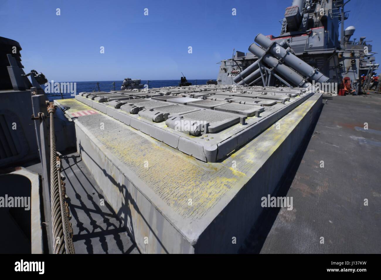 170407-N-JI086-355  MEDITERRANEAN SEA (April 7, 2017) The aft launcher aboard the guided-missile destroyer USS Porter (DDG 78), April 7, 2017. Porter, forward-deployed to Rota, Spain, is conducting naval operations in the U.S. 6th Fleet area of operations in support of U.S. national security interests in Europe. (U.S. Navy photo by Mass Communication Specialist 3rd Class Ford Williams/Released) Stock Photo