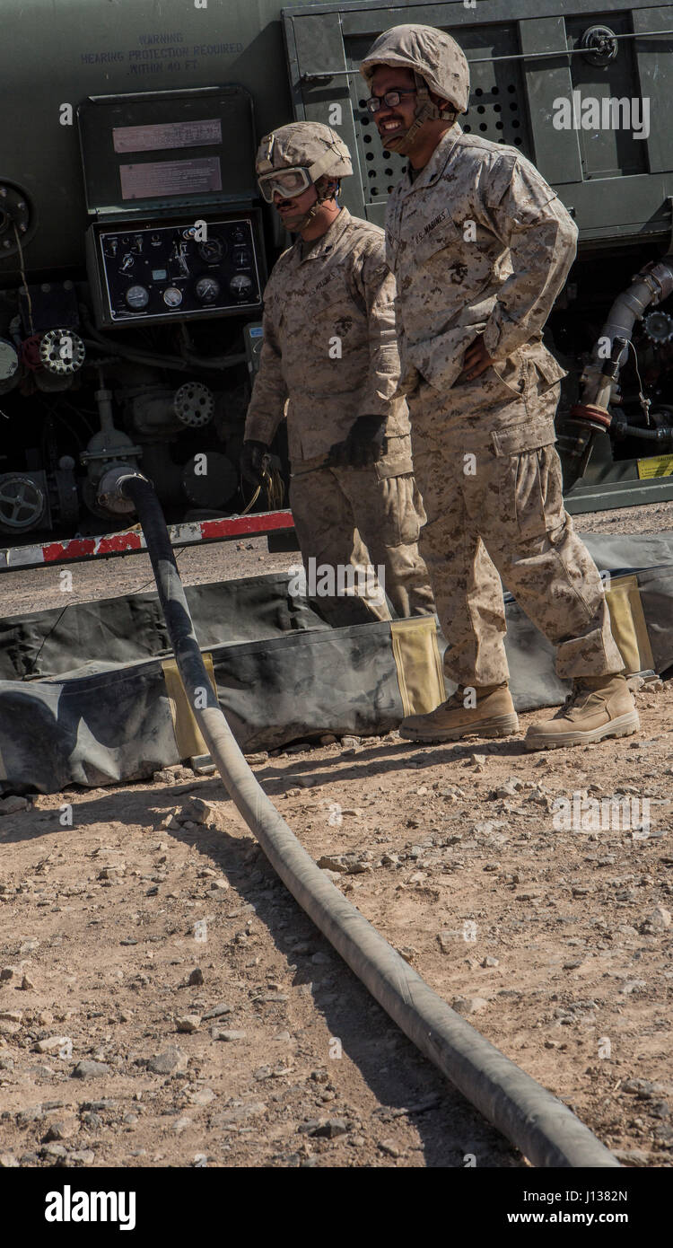 U.S. Marine Corps Cpl. Frank Salinaz, a semi trailer refueling opeator ...
