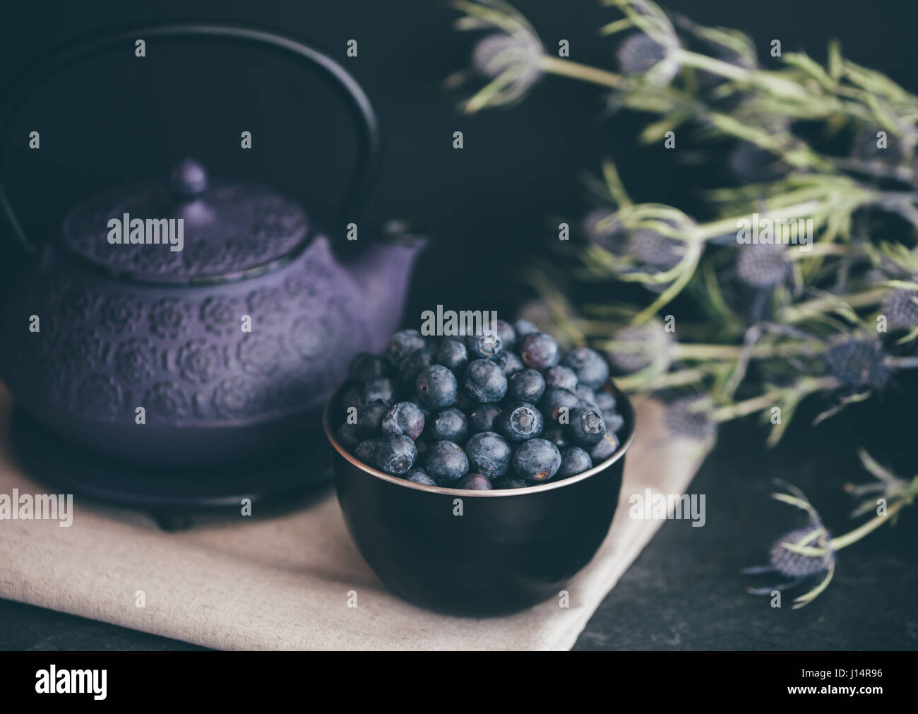 Bowl of blueberries with purple tea pot and eryngium bourgatii plant on