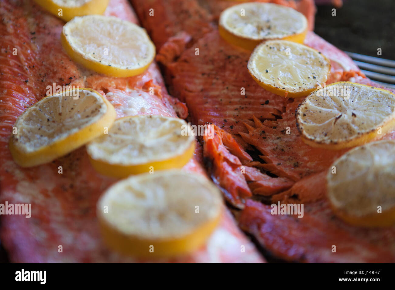 Two sides of cooked wild salmon on a plate covered with slices of lemon waiting to be served. Stock Photo