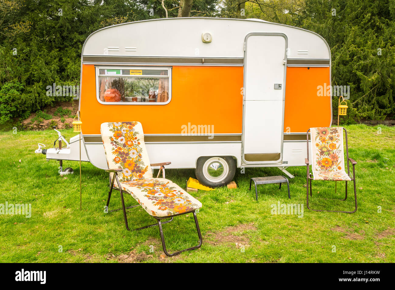 Typical old caravan or caravans in a park, Britain, in spring holiday Stock Photo