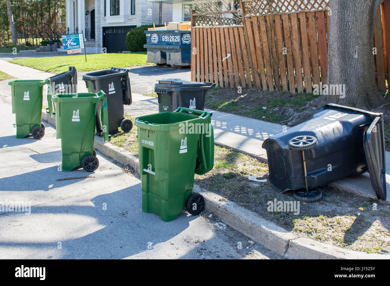 Emptied household green bins and garbage bins are left on the street