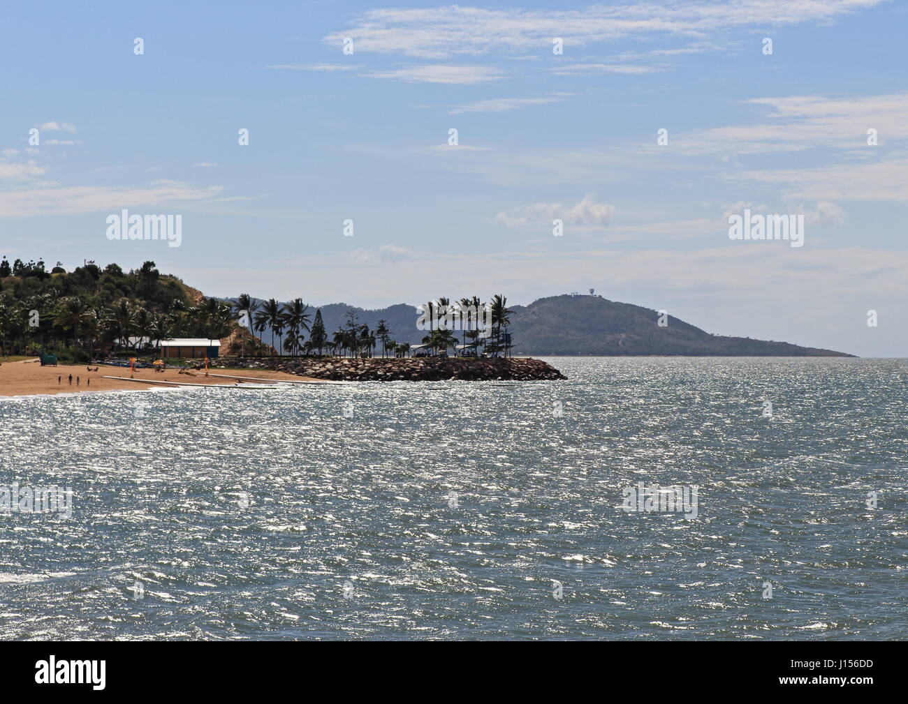 Townsville Strand Park and Beach from offshore at the end of Strand Jetty under the shade sails on a hot day in the tropics at Easter time Stock Photo