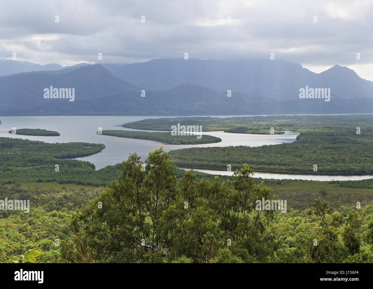 View from Panjoo Lookout off the Bruce Hwy, in Girrigun National Park, on the Cardwell Ranges, overlooking Seymour River and Hinchinbrook Channel Stock Photo