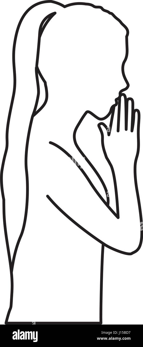 monochrome contour of half body girl praying Stock Vector