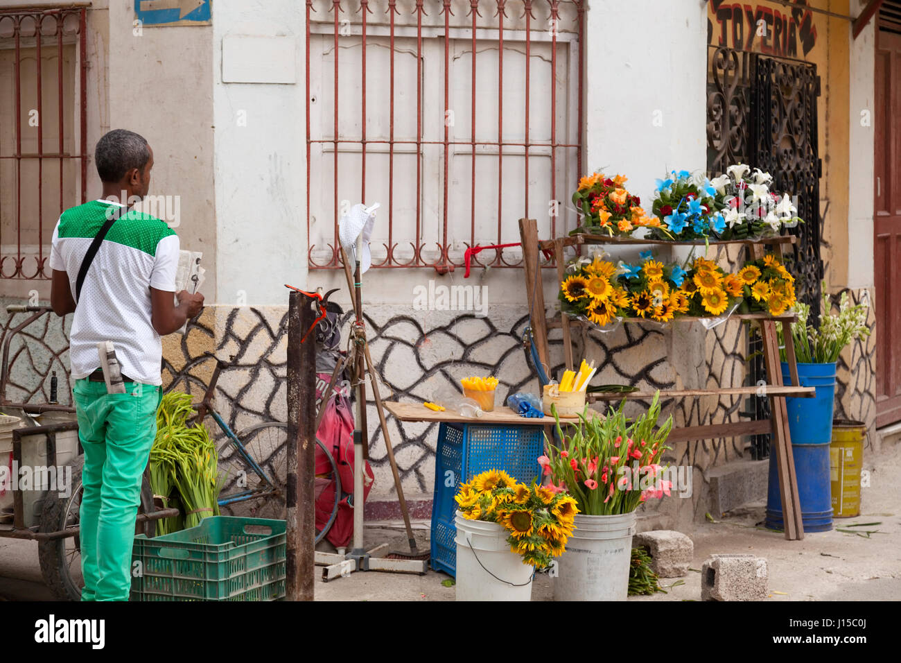 A man selling flowers at a temporary stand in the street in Havana, Cuba. Stock Photo