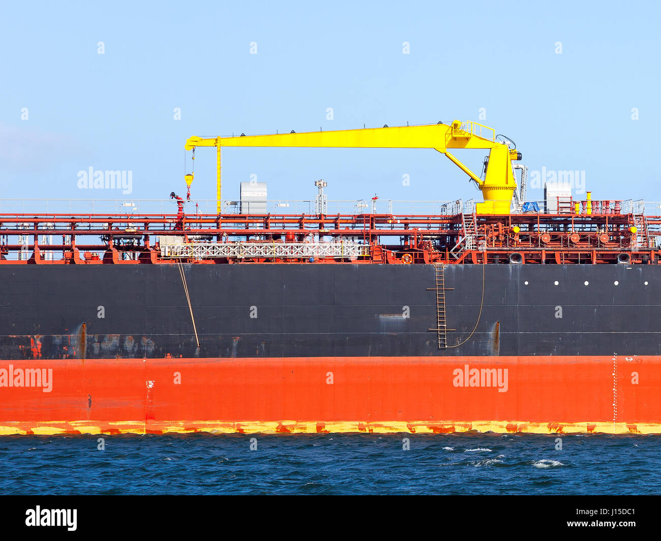 Description manifold on the deck of chemical tanker ship Stock Photo