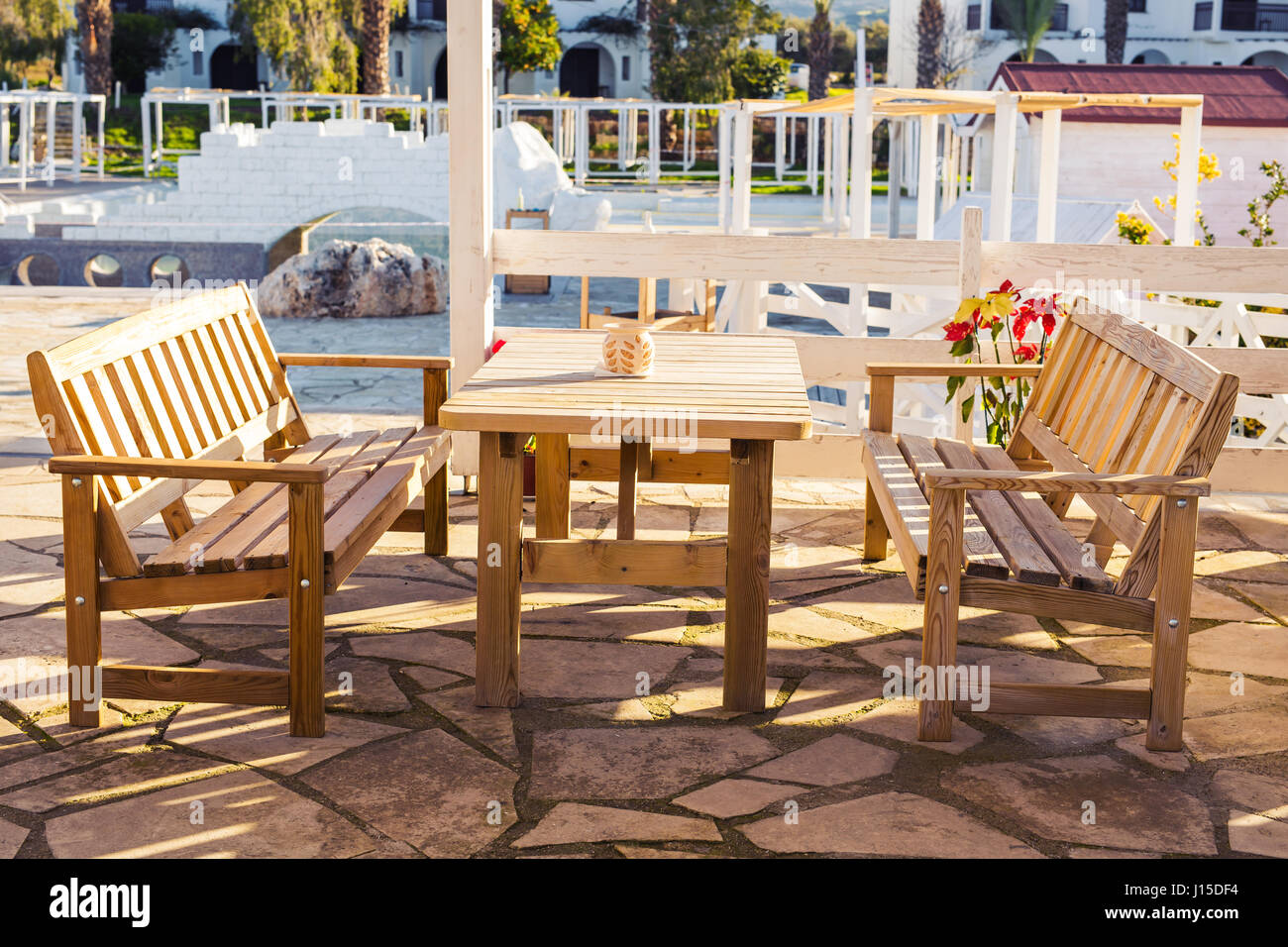 Street cafe. Wooden outdoor restaurant Stock Photo