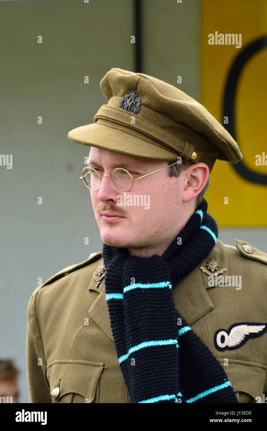 Stowe Maries Airfield Essex ,United Kingdom - May 14 2014 :  World war one flying corps member in recreation event wearing officer's uniform Stock Photo