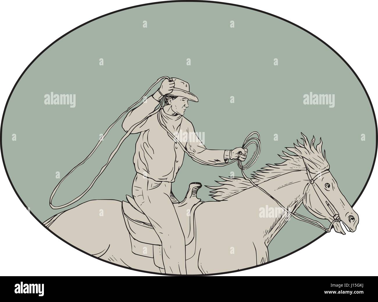 Drawing sketch style illustration of a cowboy holding lasso riding horse viewed from the side set inside oval shape. Stock Vector