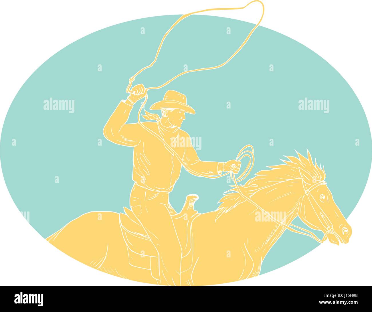 Drawing sketch style illustration of a cowboy holding lasso riding horse viewed from the side set inside circle on isolated background. Stock Vector