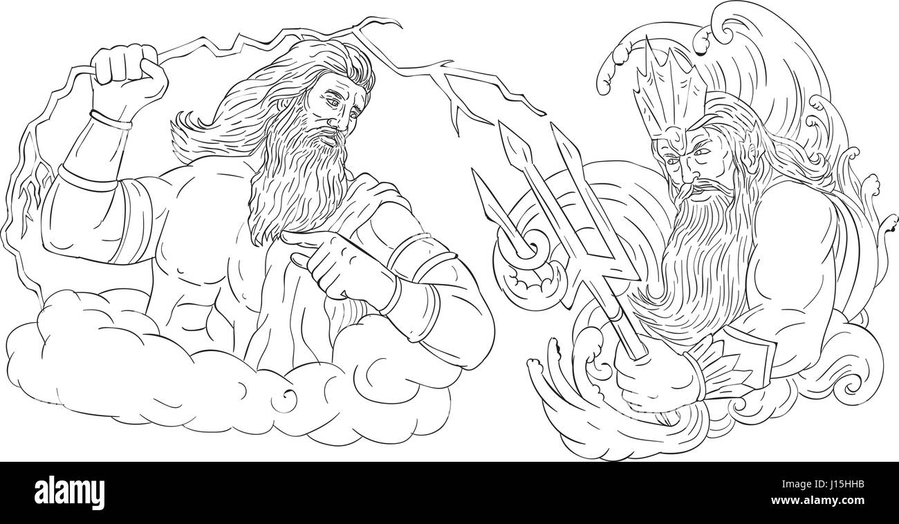 Drawing sketch style illustration of Zeus, Greek god of the sky and ruler of the Olympian gods wielding holding a thunderbolt lightning versus poseido Stock Vector